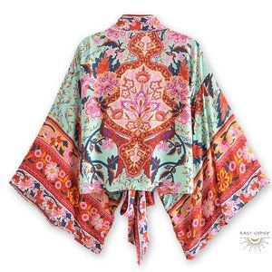 Gypsy Teal Floral Kimono Wrap Crop Top